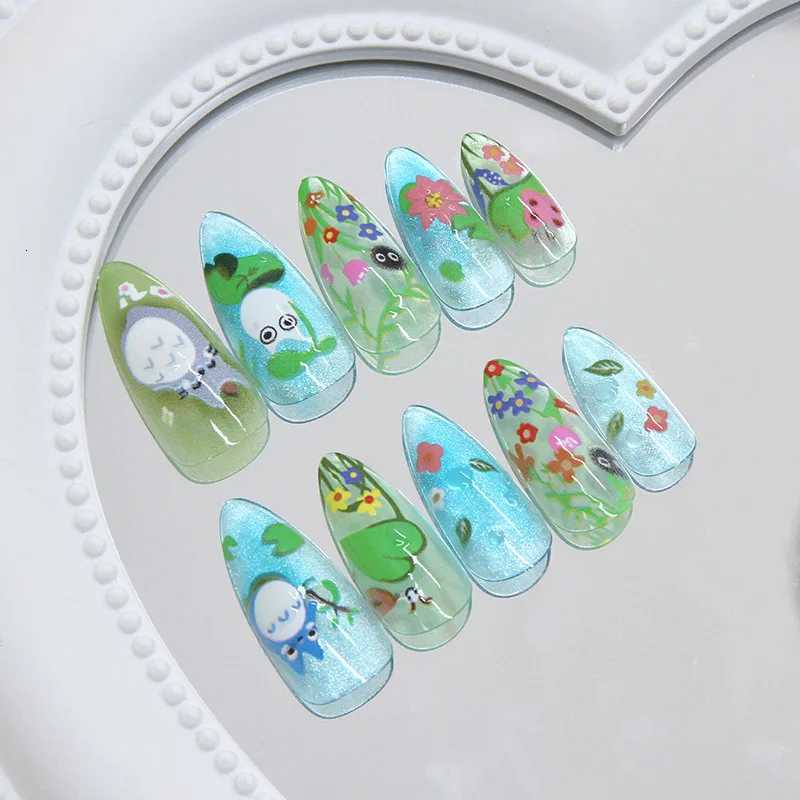 24Pcs Long Almond Press on Nails - 3D Cartoon Frog Design with Ocean Green Grass Red Flowers and BubblesT251118T251119