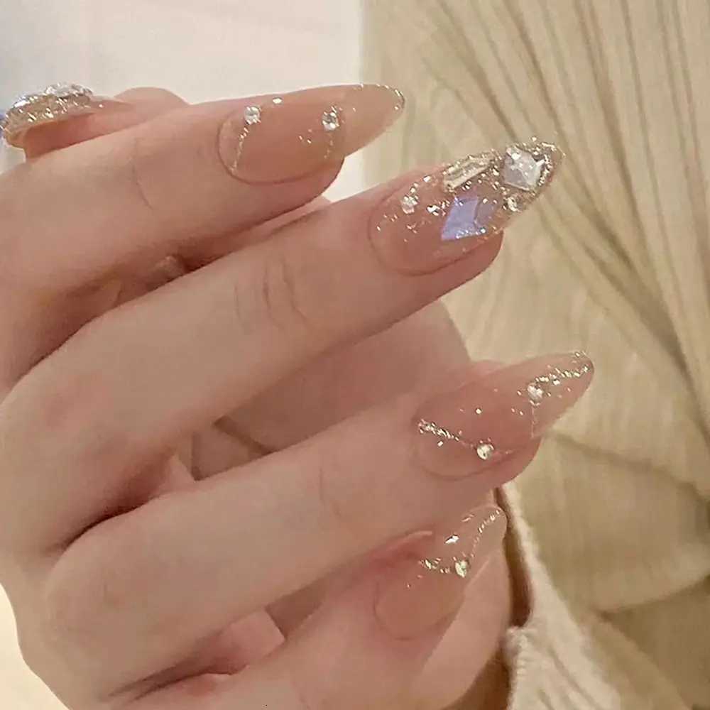 Full Cover Color Gradation Almond False Nail Aurora Rhinestones Fake Nails Golden Line Mid-length Detachable Press on NailsT251118T251119