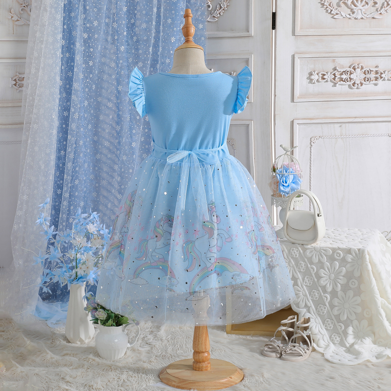 DISNEY kids designer clothes dress short-sleeved unicorn printed mesh Fairy princess dress unicorn dress for girls children birthday short sleeve puff