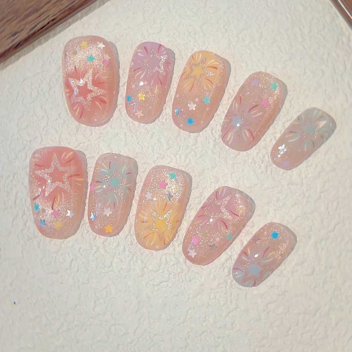 24Pcs Short Almond Fake Nail Blue Flower Cats Eye Design False Nails Press on Gilding Rhinestone Reusable Full Cover Nails TipsT251118T251119