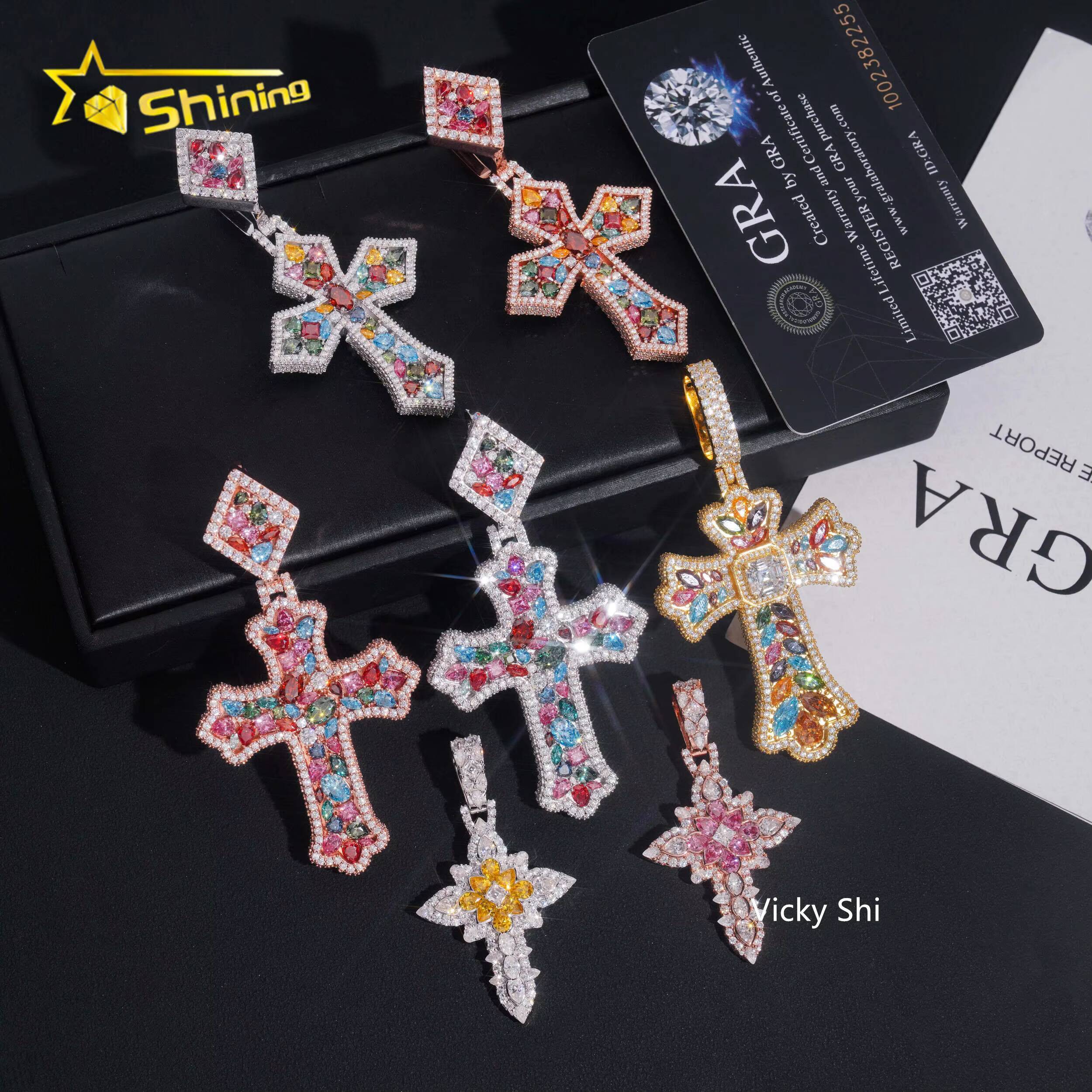 Luxury Multi Color Moissanite Cross Pendants Collection VVS Iced Out Moissanite Pendant Men Hip Hop Charm Pendant Jewelry