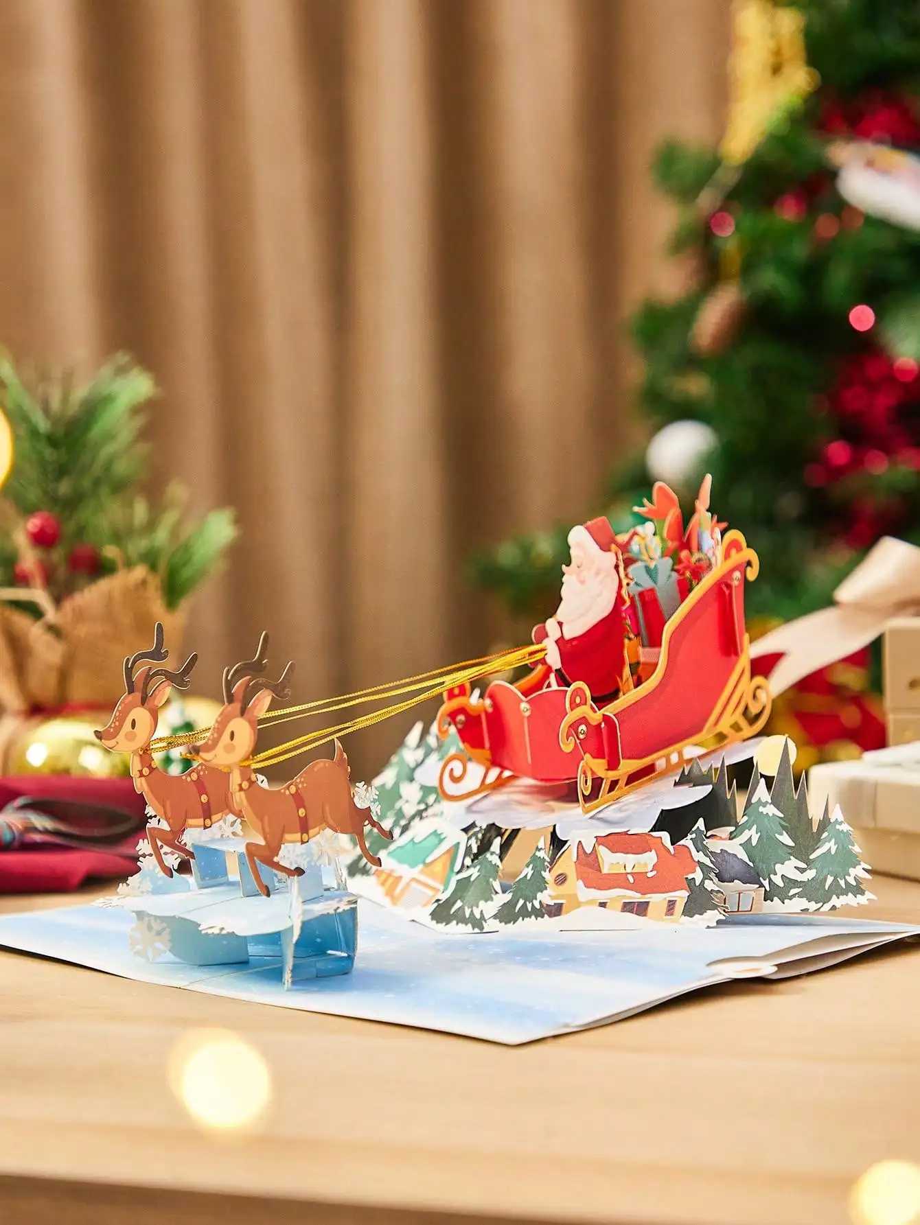 Christmas Sleigh Pattern Pop-Up Card - Santa Riding Design for Kids Holiday Gifts Greetings G251119