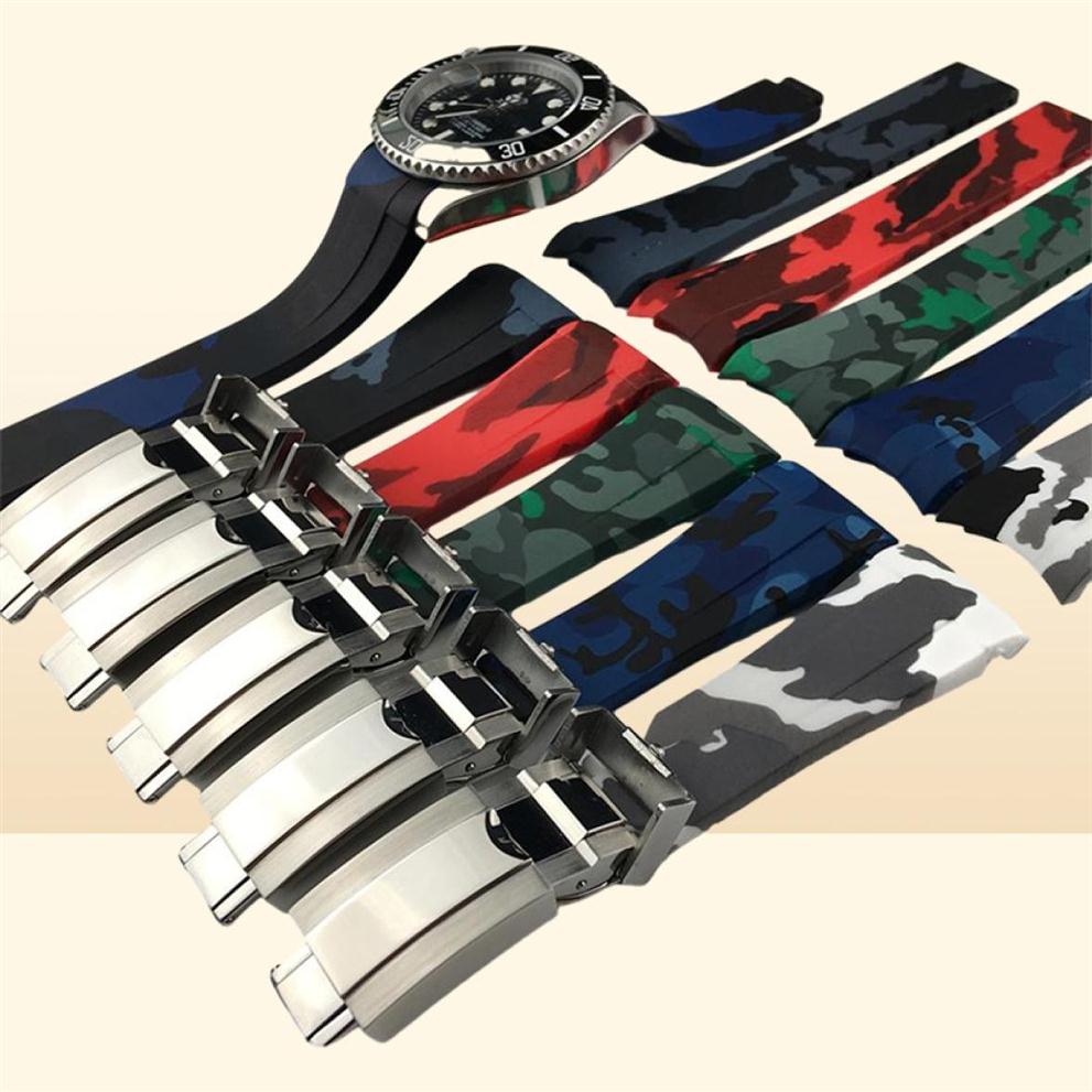 Waterproof Rubber Watchband Stainless Steel Fold Buckle Watch Band Strap for Oysterflex SUB Bracelet Watch Man 20mm Black Blue TO954255251u