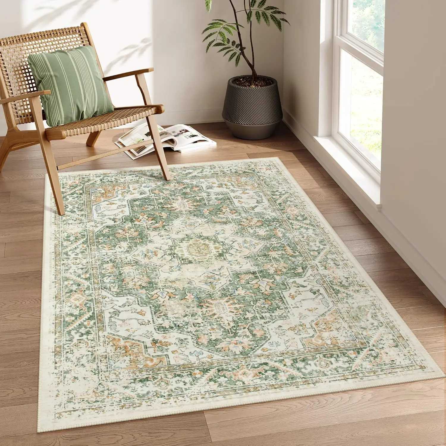 Washable Living Rug Soft Non-Slip Bedroom RugVintage Oriental Low-Pile Throw Indoor Dining Room Carpet for Home Office L1119 H260226