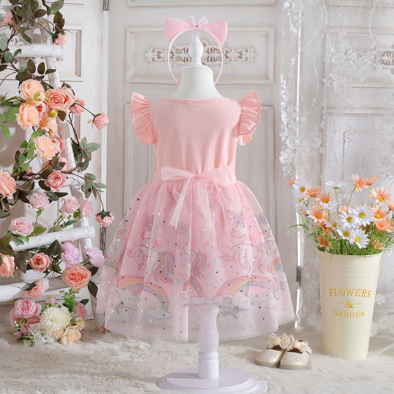 DISNEY kids designer clothes dress short-sleeved unicorn printed mesh Fairy princess dress unicorn dress for girls children birthday short sleeve puff