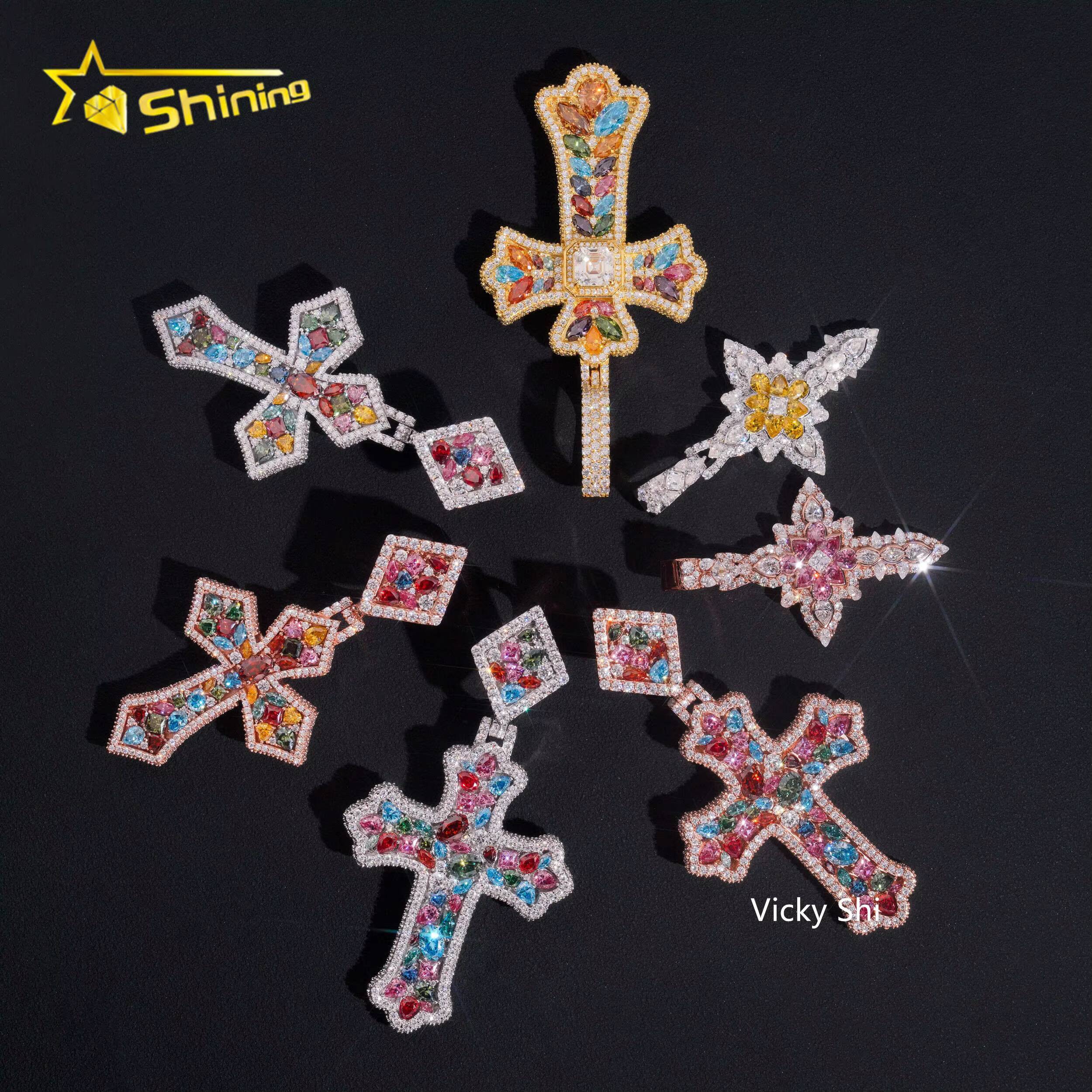 Luxury Multi Color Moissanite Cross Pendants Collection VVS Iced Out Moissanite Pendant Men Hip Hop Charm Pendant Jewelry
