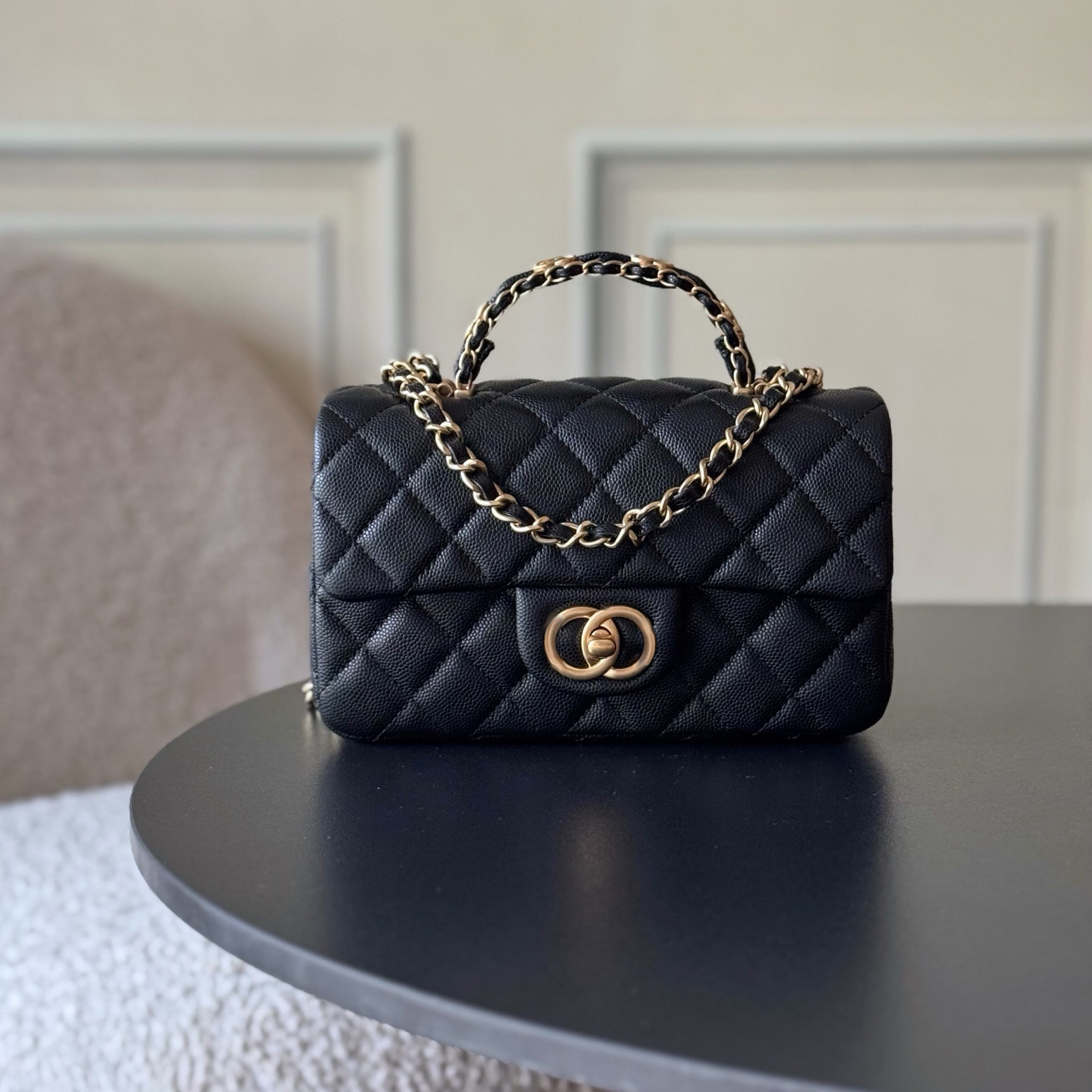 Designer WOC Fashion Luxury Women's Handbag Waxy Grained Leather Crossbody Bag, Wallet on Chain with Dual Gold-Tone Bead Detail