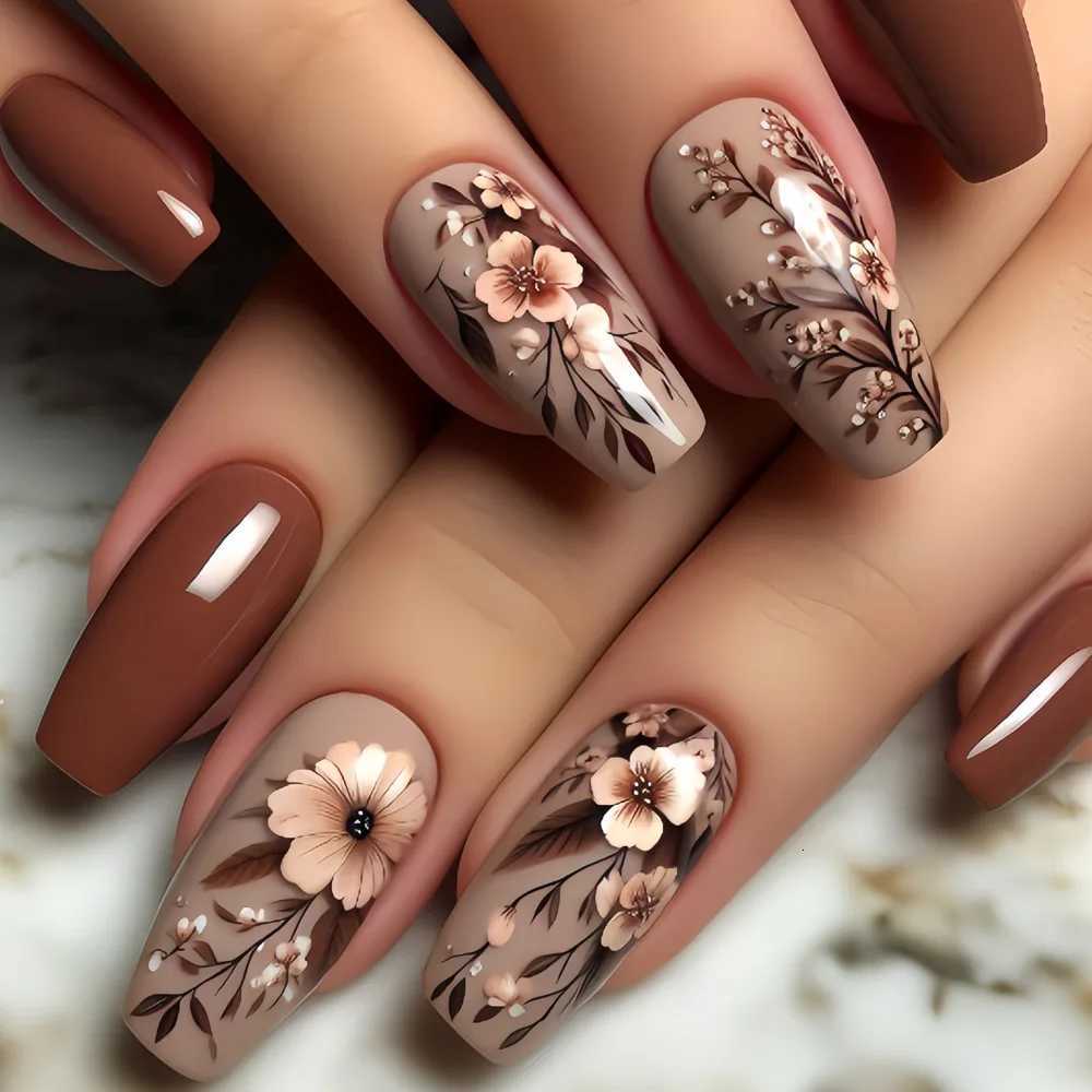 24Pcs Glossy Brown Fake Nails Autumn Almond Press On Nails with Gold Color Leaf Designs Full Cover Stick-on False Nails PatchesT251118T251119