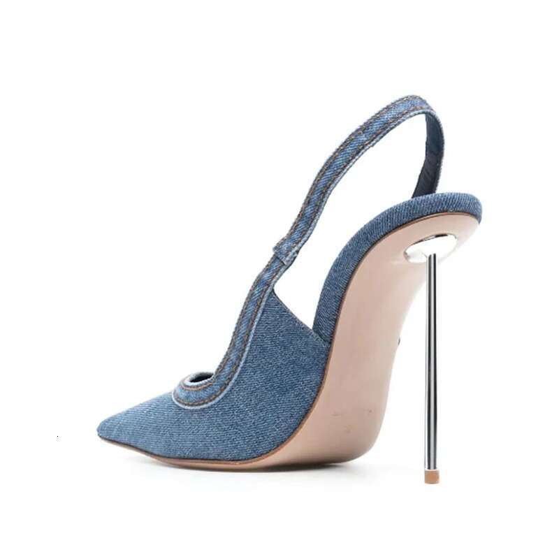 2025 Denim Sexy Women Heels Pointed Toe Dress Ultra High Heel Shoes Office Pumps Blue Sandals Size 34-45