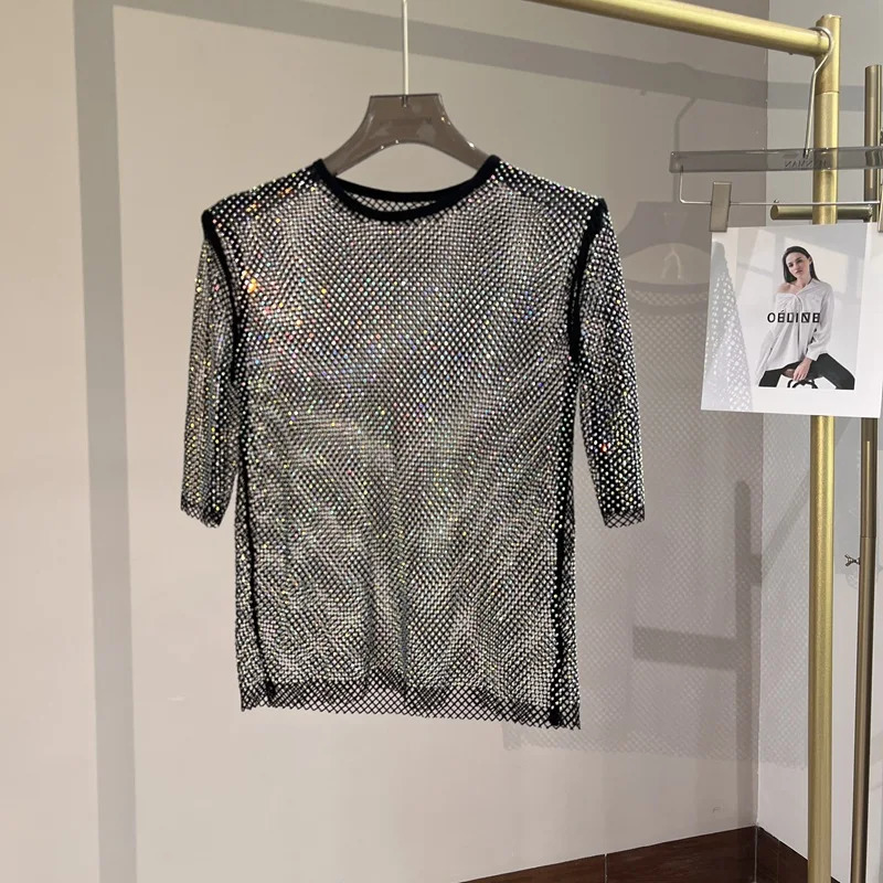 Mesh Diamonds Crystal Short Top Diamonds Super Fairy Inner Party Unlined Shiny Hollow Out Bottom Shirt 250415