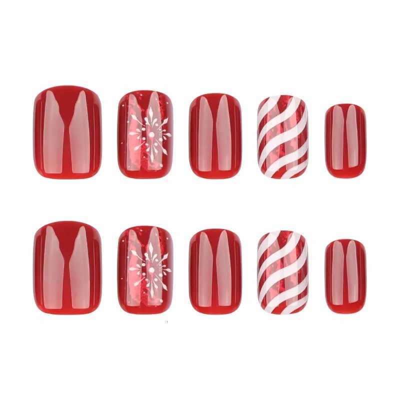 24Pce Fake Nails Red Christmas Candy Stripes with Snowflakes - Short Square Press-On Nail Tips Perfect for Gifting to WomenT251118T251119