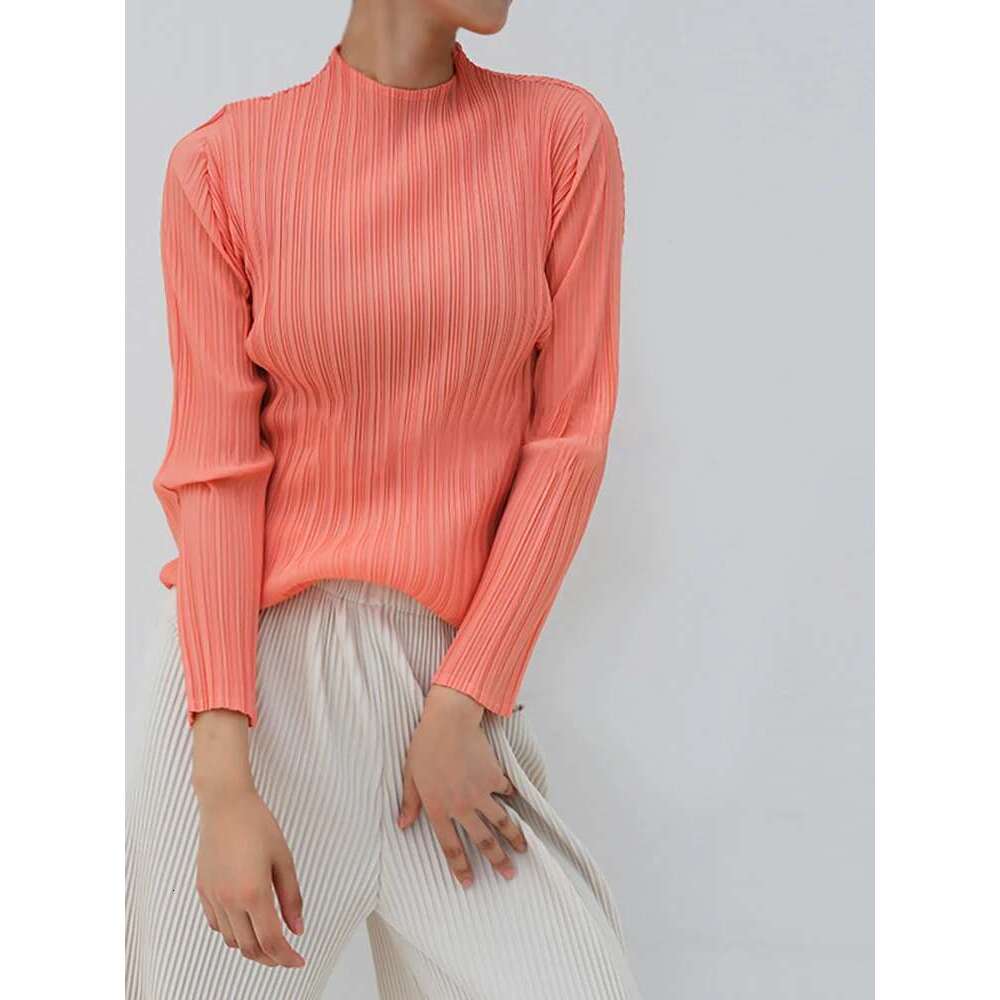 Designer Clothes Miyake Pleated Long Sleeve Tops High Neck Solid Color Loose T-Shirt Women's Casual Ladies Shirt
