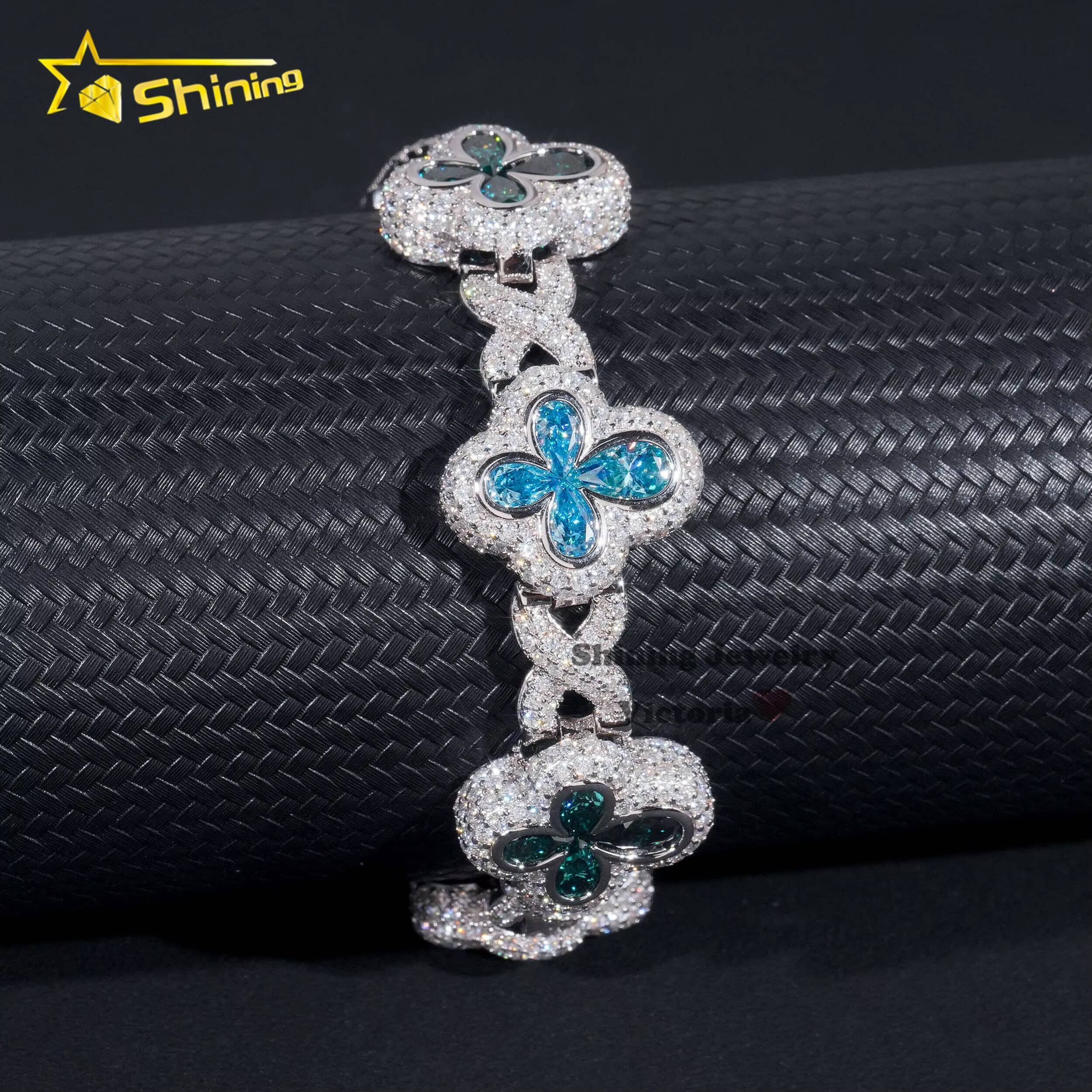New Arrival Bling Hip Hop Jewelry 925 Sterling Silver Colored Pear Moissanite Diamond Iced Out Clover Infinity Link Bracelet Men
