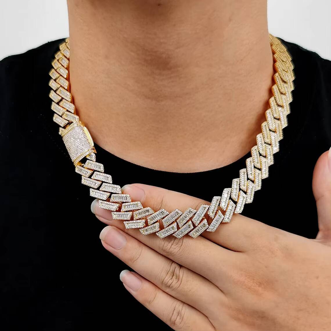 20mm Iced Out Cuban Necklace 925 Sterling Silver Hiphop VVS Moissanite Baguette Cuban Link Chain