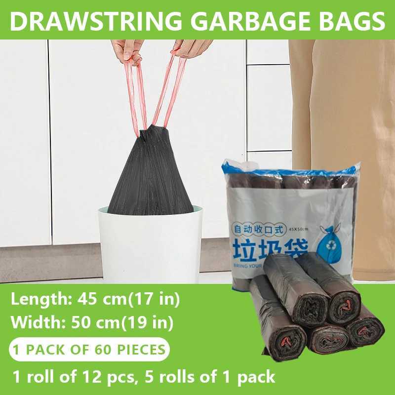 Black Drawstring Garbage Bag Trash Can Liner 12 rolls of 1/5 rolls of 1 pack 60 pieces 45cm17in50cm19in C251119