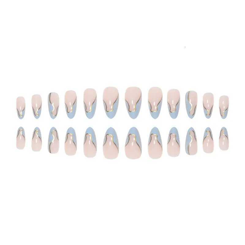 24 Pieces Long Almond Irregular Frenchstyle Pattern ABS Full Cover Glossy False NailsT251118T251119