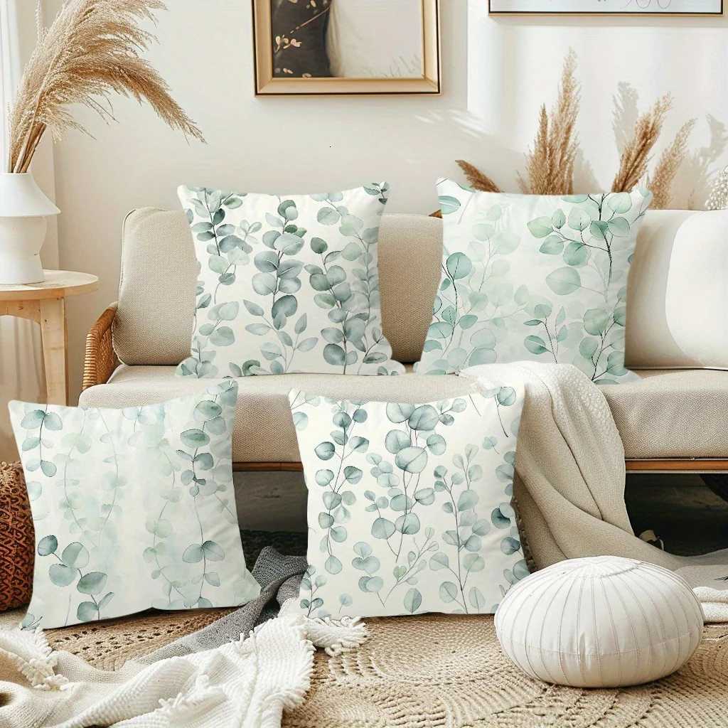 JIT4pcs Short Plush Watercolor Eucalyptus Printed Throw Covers 18in18in Boho Cozy Leaves Pattern Decor CushionM251119