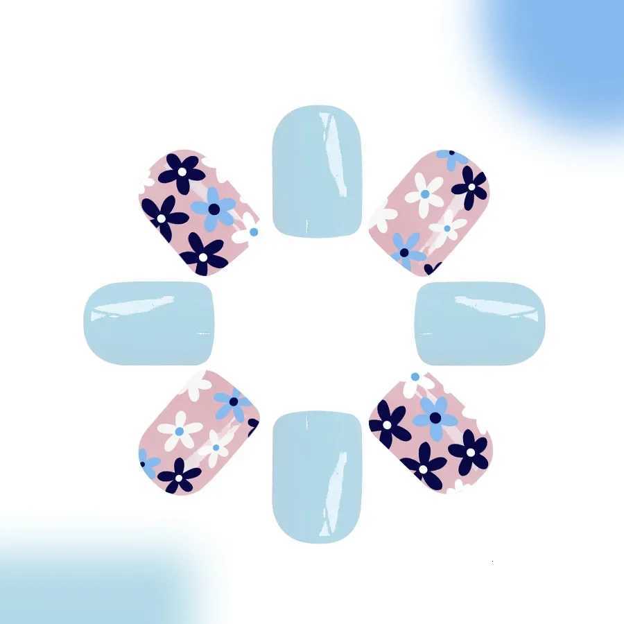 24Pcs Press on Nails Short Square Fake Nails Light Blue Glossy False Nails with Blue White Flowers Press ons Designs For WomenT251118T251119