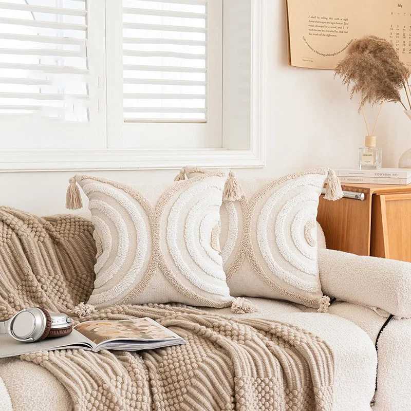 Beige Coffee Loop Tufted Cushion Cover Geometric Semicircle Embroidered Crocheted Throw Cover Decorative s for SofaM251119