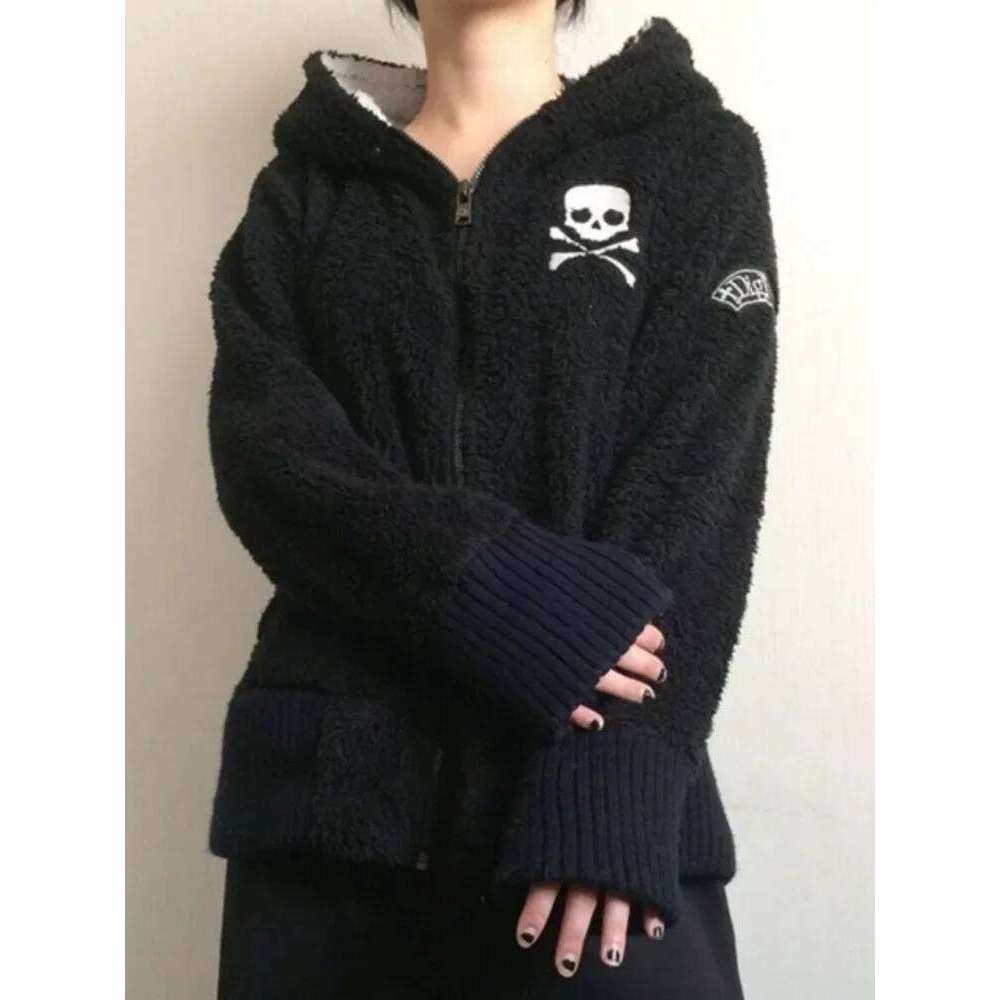 Y2k Lamb Wool Jackets Women Gothic Hoodies Cross Skull Grunge Zipper Sweatshirts Vintage Casual Hooded Coats Streetwear
