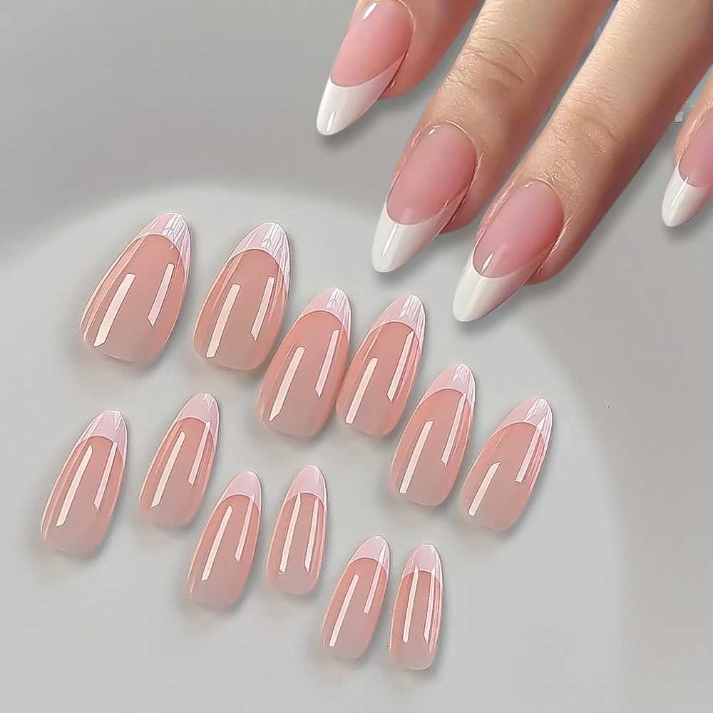 120/240Pcs Nude Pink Almond Press On Nails White-Edge French Glossy Almond Fake Nails Full Cover Soft Gel Nude Pink Nail TipsT251118T251119