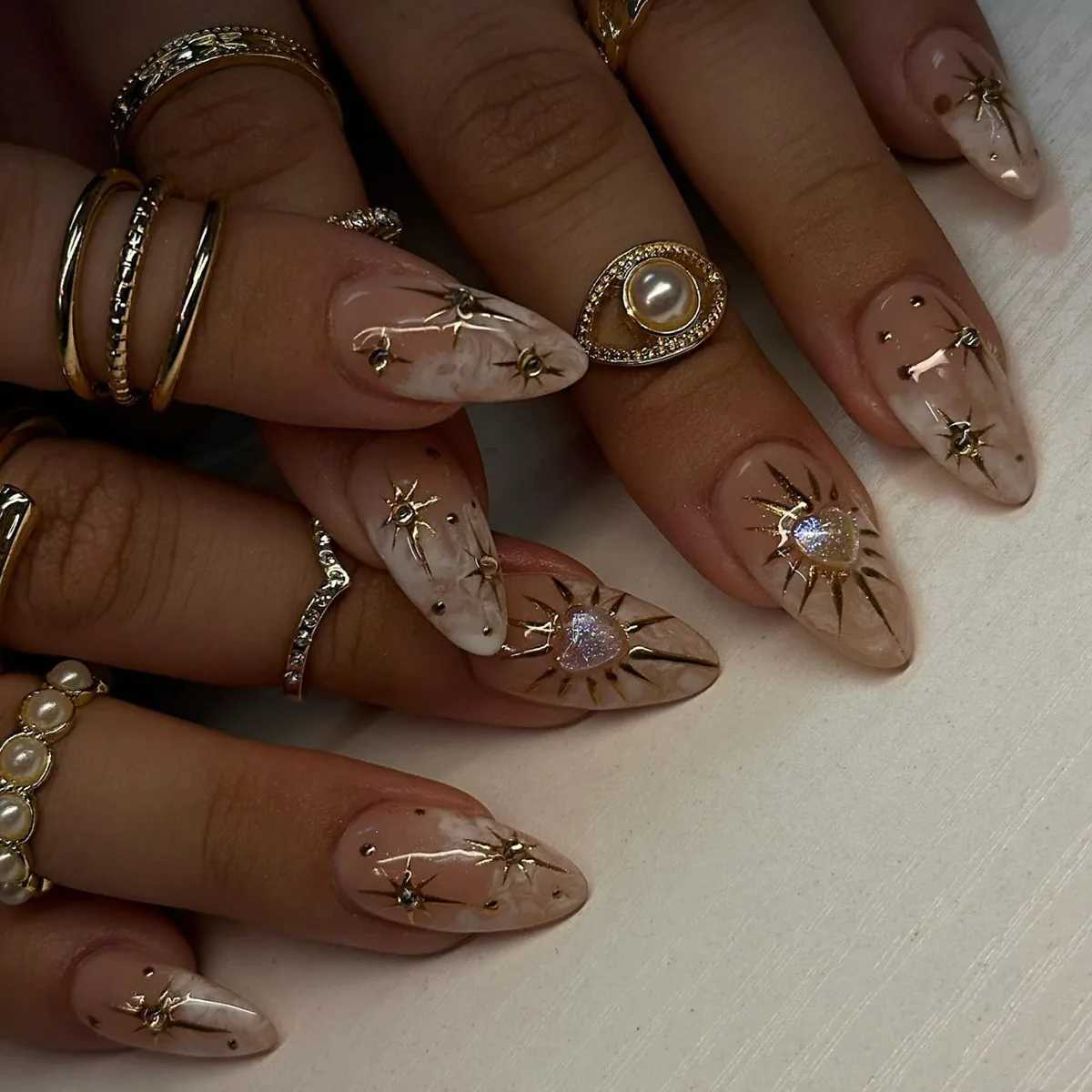 24PCS Pink Star Bow Press on Nail Gentle Blush French Almond False Nail with Pearl Diamonds Design Wearable Sweet Fake Nail TipsT251118T251119