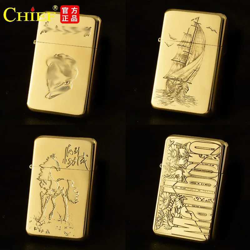 Exquisite Brass Kerosene Lighter Slim Windproof Vintage Grinding Wheel Ignition Lighter Cigarette Accessories Mens GiftC250321