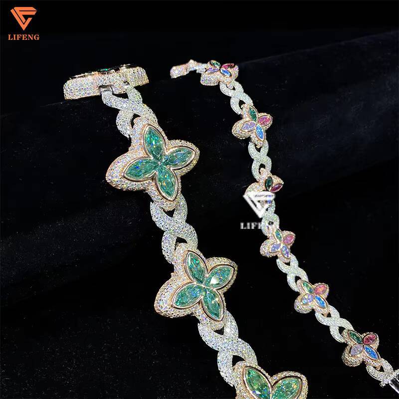 Lifeng Custom Colored Flower Cuban Bracelet 925 Sterling Silver Fine Jewelry for Women VVS Moissanite Diamond Infinity Bracelet
