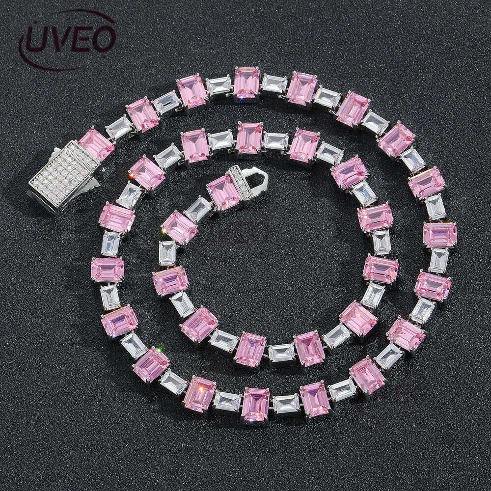 Luxury designer Pink square ice out VVS Moissanite tennis collarbone chain, hip hop necklace bracelet for men and women Free delivery
