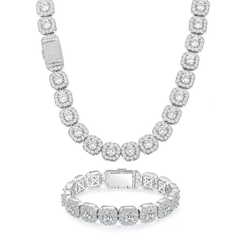 Price Moissanite Chain 12mm Square Tennis Cluster Link Sterling Silver 925 Hiphop Necklace
