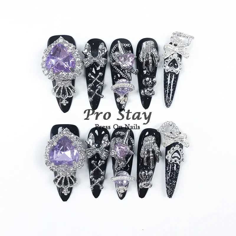 10pcs black Handmade Press On Nails With Purple Large Diamonds and Metal Decoration Y2k Hot Girls Wearable Artificial False NailT251118T251119