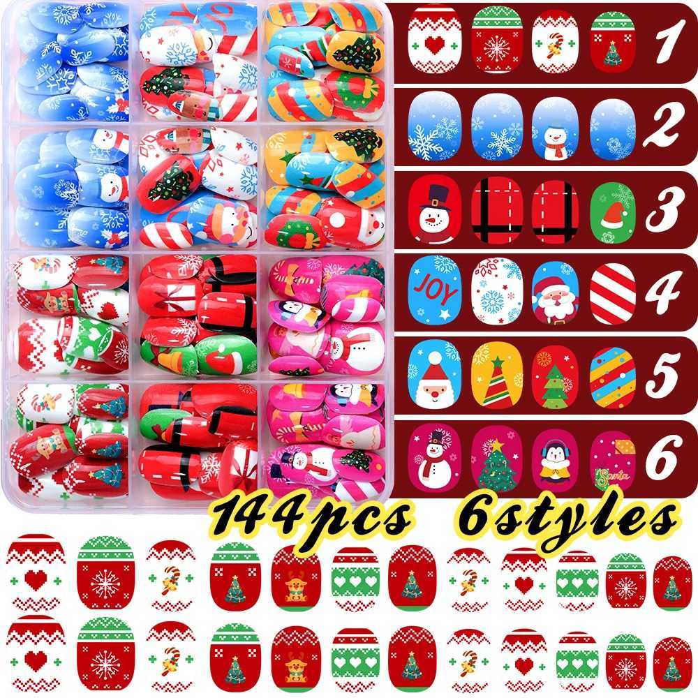 12gridsx12144pcs Christmas Children Fake Nails Red/Blue Square Round Press On Nails With Cartoon Snowman/Snowflake Nail TipsT251118T251119