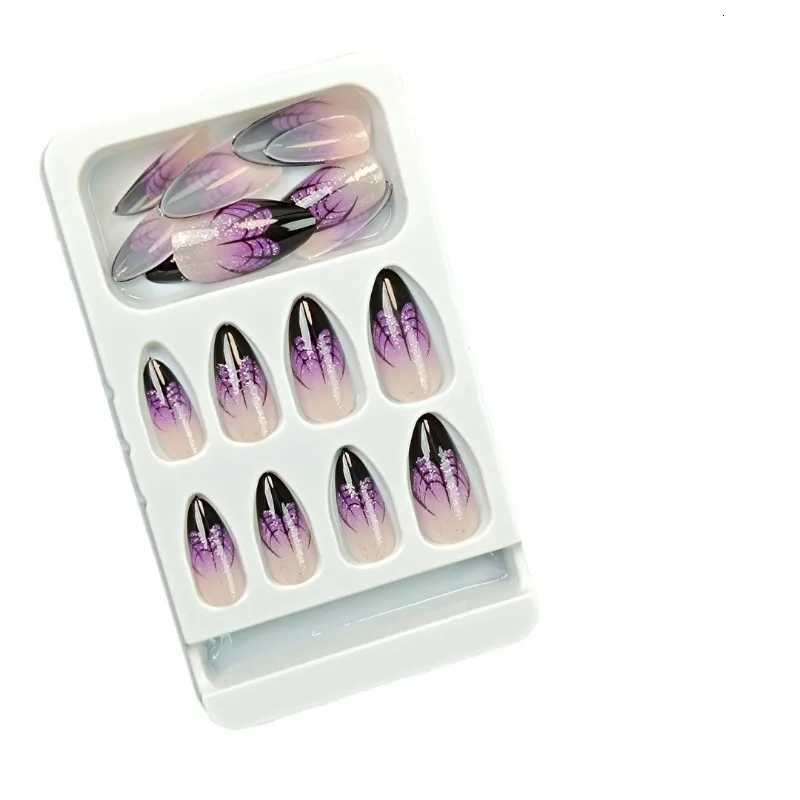 24pcs Halloween Spider Web Purple Almonds Fake Nails Press on Acrylic Tips for Nails Fingernails Decorated False Nails with GlueT251118T251119
