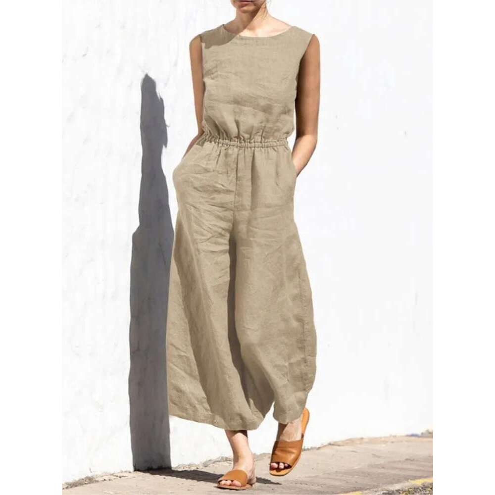Designer Clothing Cotton And En Jumpsuit Women Solid Color Sleeveless Pocket High Waist Wide Legs Jumpsuits Casual Commuting Ladies Bodysuits
