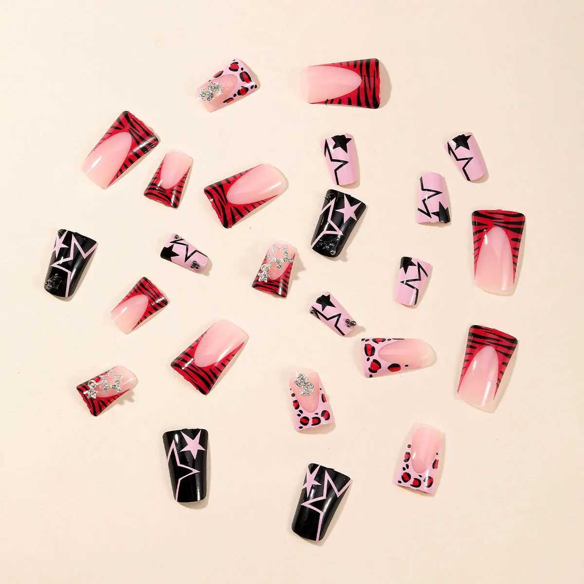 Duckbill Leopard French False Nails y2k Press On Nails Wearable Punk Fake Nails with Ball Diamond Stars Decor Removable Nail ArtT251118T251119