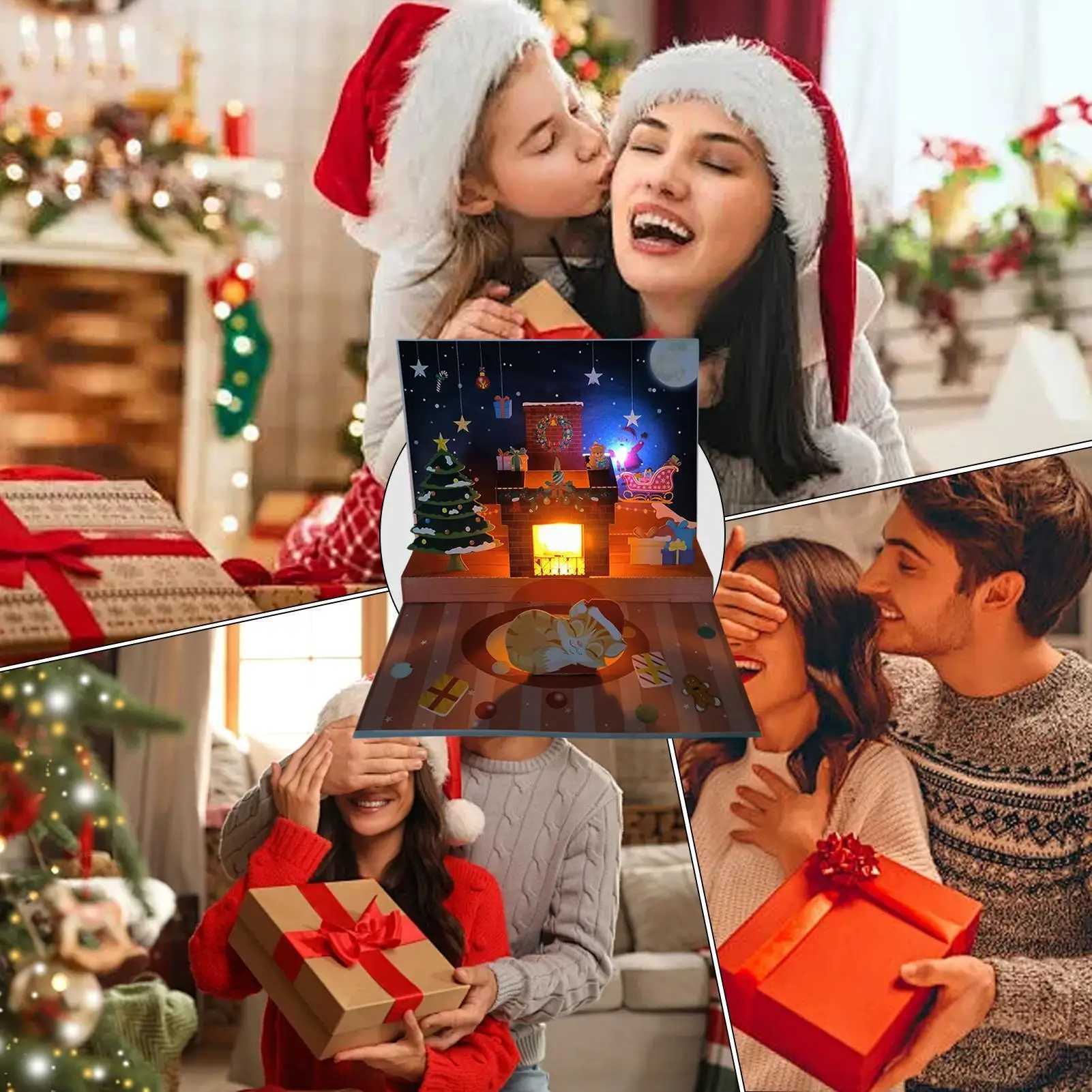 Christmas PopUp Cards Musical Greeting Cards with Light Santa Projection 3D Blessing Cards Christmas Gift for Family Friends G251119