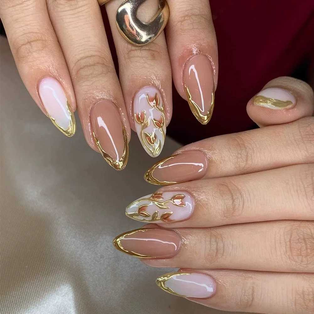 24pcs French Almond Press on Nails Flower False Nails Wearable Stick-on Nails Fake Nail Uas Postizas Mujer T251118T251119