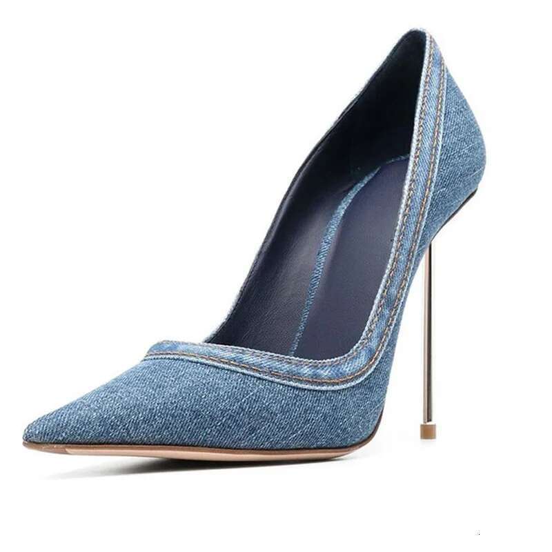 2025 Denim Sexy Women Heels Pointed Toe Dress Ultra High Heel Shoes Office Pumps Blue Sandals Size 34-45