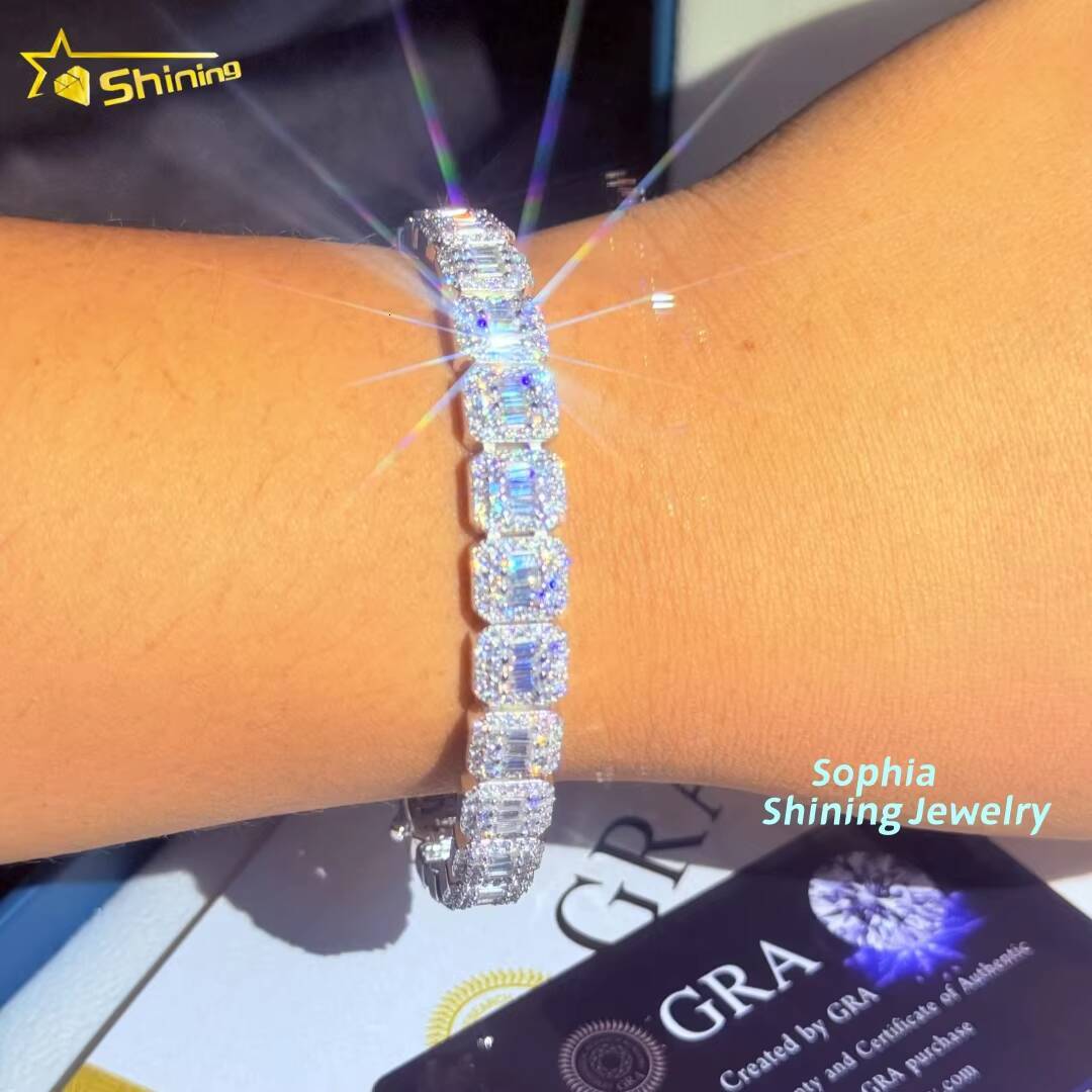 Unique Design 10mm Chain Iced Out baguette 925 Sterling Silver Hip Hop VVS Moissanite Cluster Tennis Cuban Link Chain Bracelet