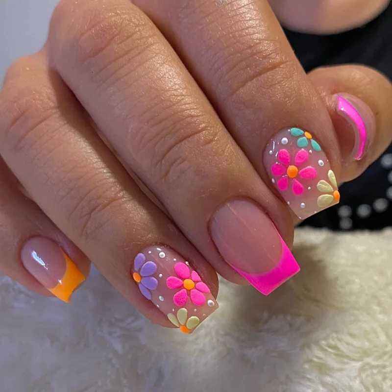 24Pcs Short Square Head Fake Nail with Colorful Flower Designs Wearable French False Nails Ballet Finished Jelly Stick on NailsT251118T251119
