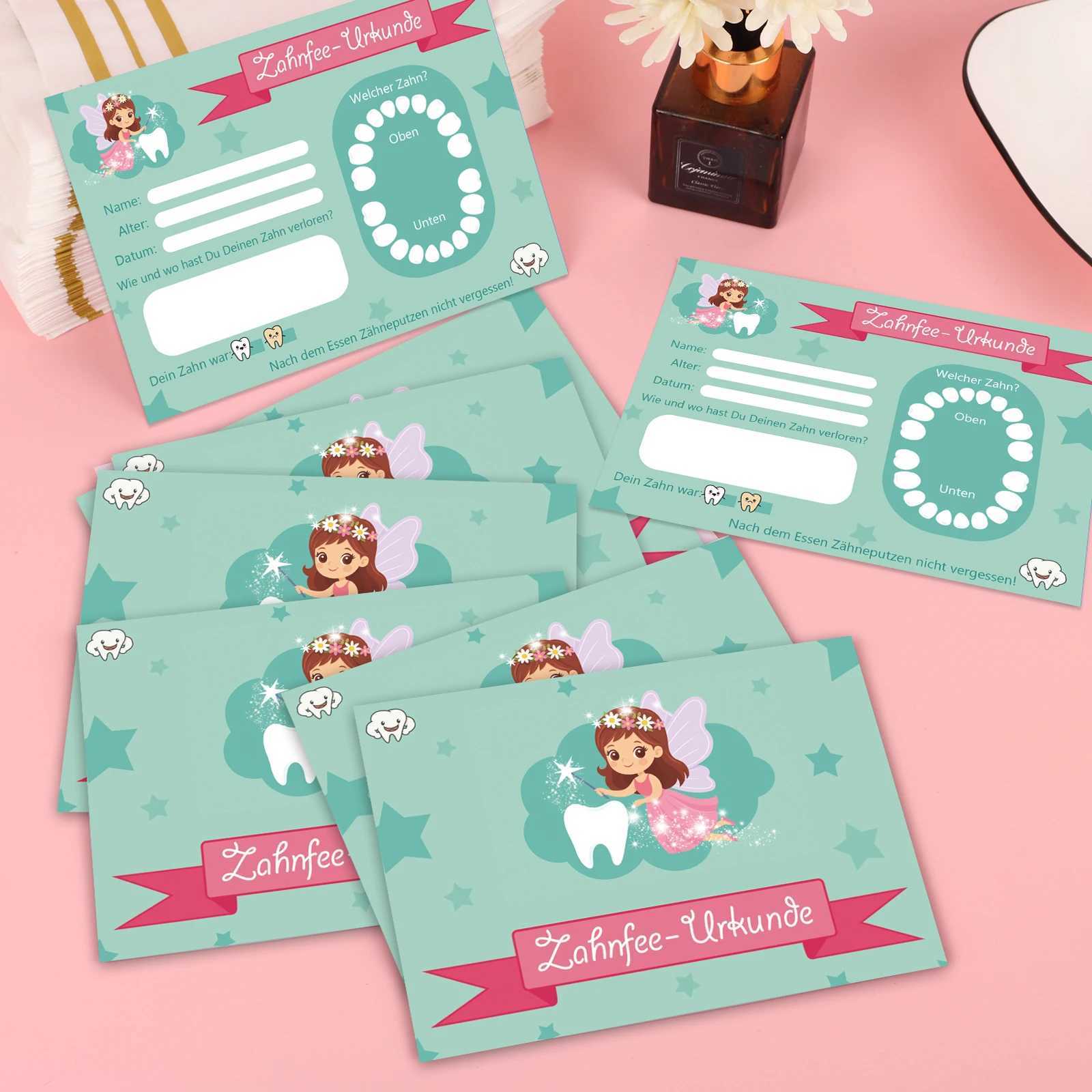 12pcs Tooth Fairy Certificate Zahnfee Urkunde Tooth Loss Commemorative Card with Green Background and Tooth Fairy Pattern Name G251119