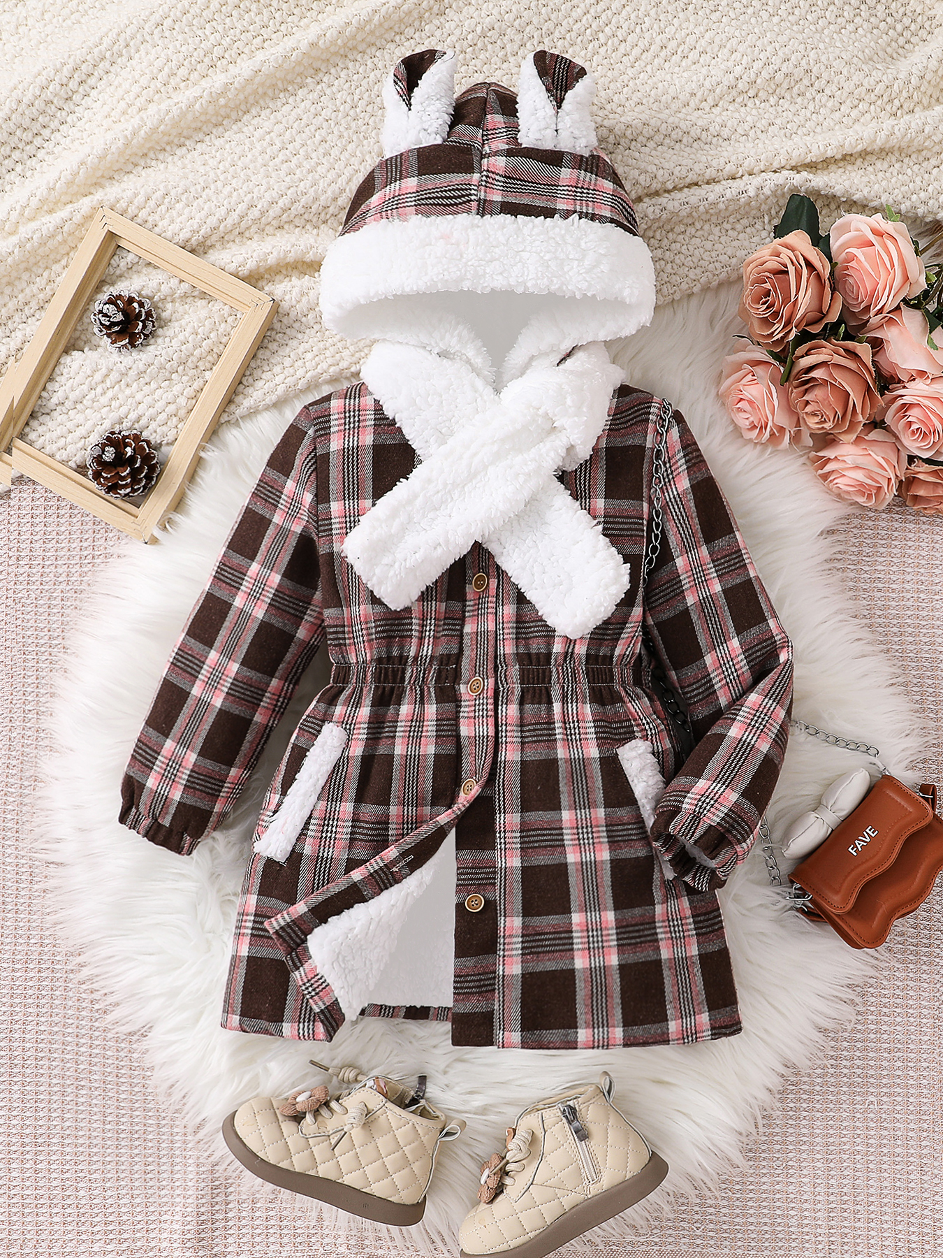 Kids' Plaid Long Coat Fleece-Lined Warm Hooded Jacket, Cute Bunny Ear Design, Cozy Winter Outerwear for Girls, Stylish & Comfortable Cold-Weather