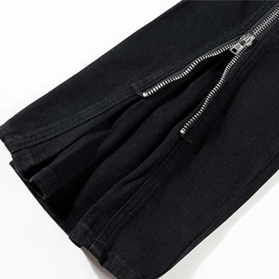 Fashion Flared Double Zippers Long Ribbons Black Denim Pants Men's Streetwear Haruku Hipster Jeans