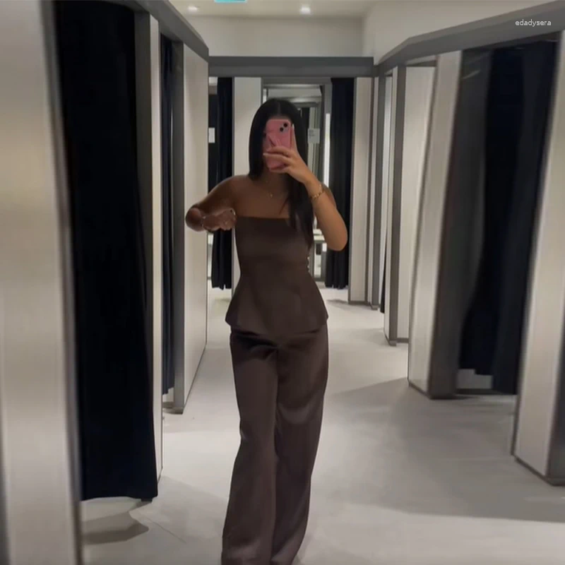 Women's Two Piece Pants Sexy Brown Satin Straight Suit Women Fashion Strapless Backless Slim Fit Vest Sets Summer Autumn Lady Commuting