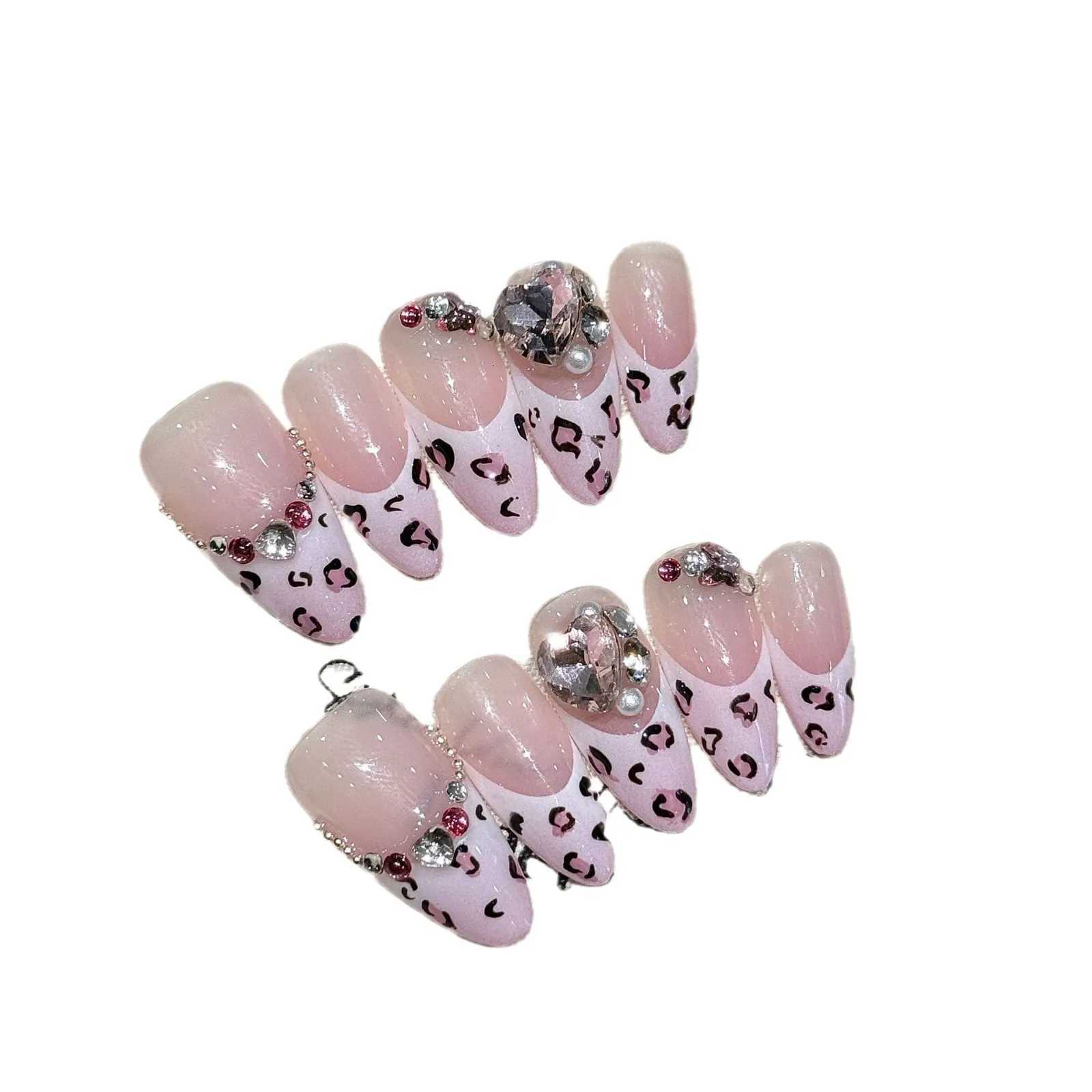 Handmade Press on Nails French Pink Leopard print Fake Nails for Women Girl Wearable Reusable Sweet Cool Long Almond False NailsT251118T251119