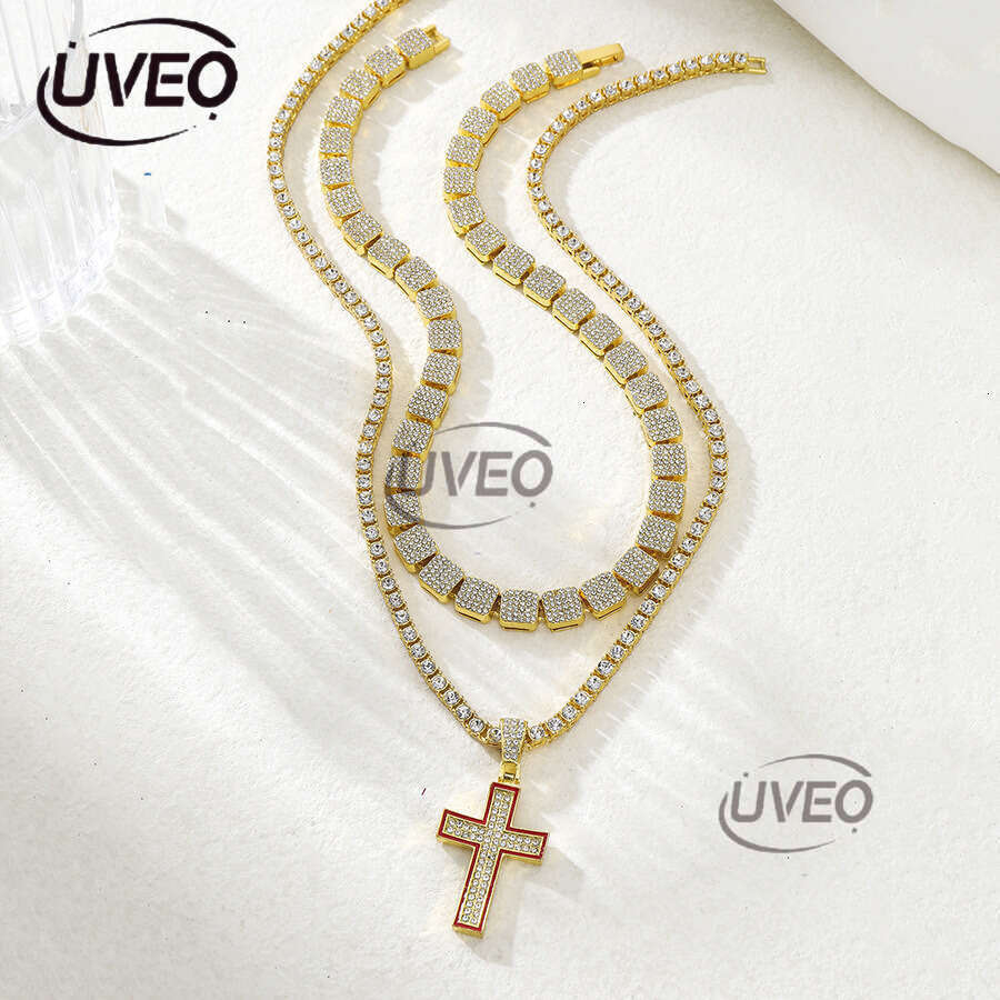 German Baguette Moissanite chic fashion jewelry Iced eye-catching pearl 925 sterling silver Gothic cross chain necklace Free delivery
