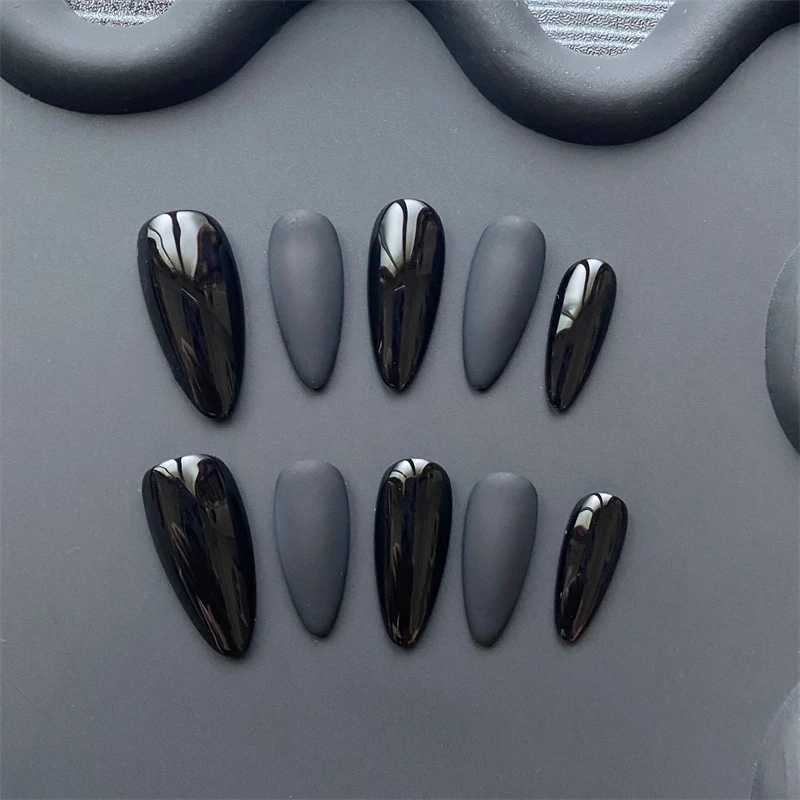 Handmade Almond Black Press on Nails Full Cover Acrylic Fake Nails Medium Matte Dark Manicure Nail Tips Wearable Reusable WomanT251118T251119