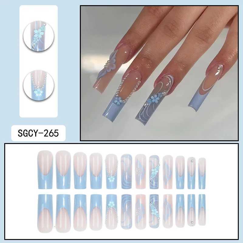 24 Piece Long Coffin Blue Frenchflower Pattern Fake Nails ABS Full Cover Glossy Fake Nails Summer CollectionT251118T251119