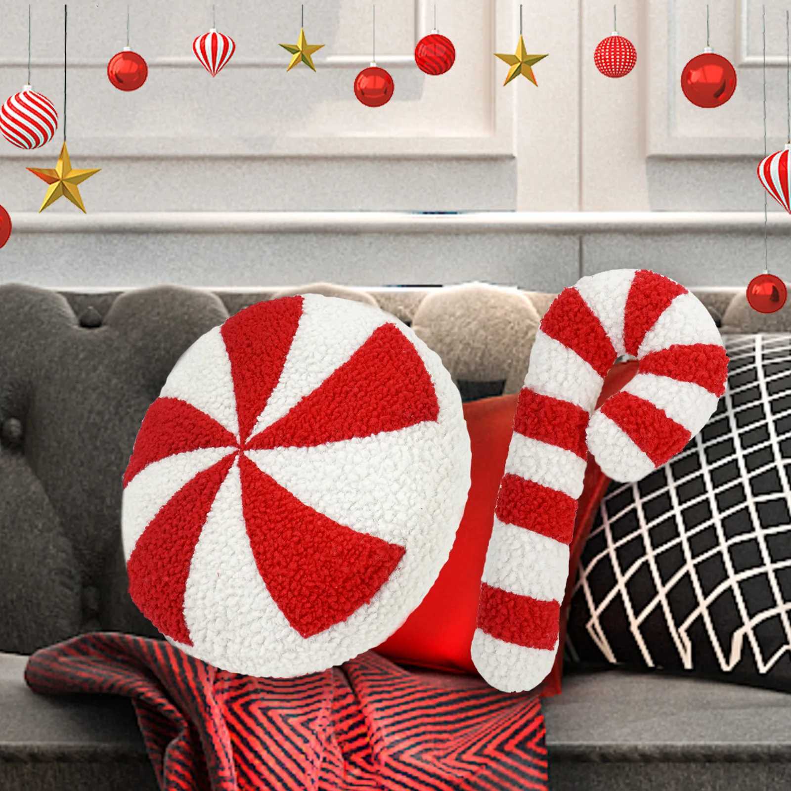 14 Inch Christmas Candy Cane Soft Sofa Fluffy Throw Lollipop Plush for Bedroom Living Room Winter Home DecoM251119