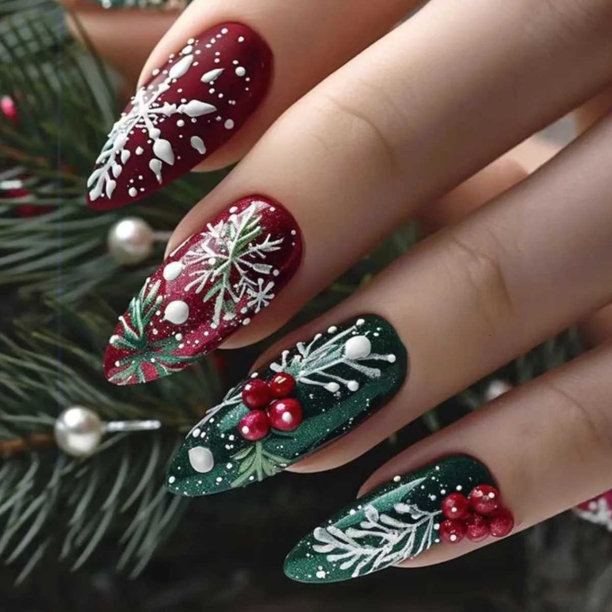 24pcs Round Head Almond False Nails Christmas Glitter Red Full Cover Nail Tips Fashion Snowflake Design Long Press on Fake NailsT251118T251119